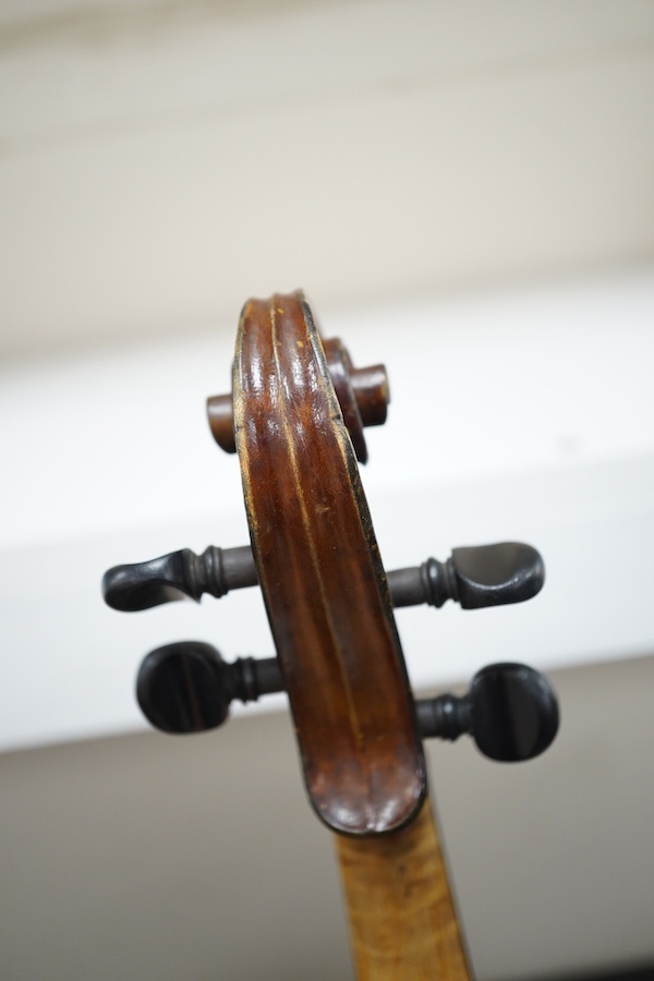 Three violins; a 3/4 Czech, a 1/2 size German and a 1/4 size Czech, all cased. Condition - fair to good